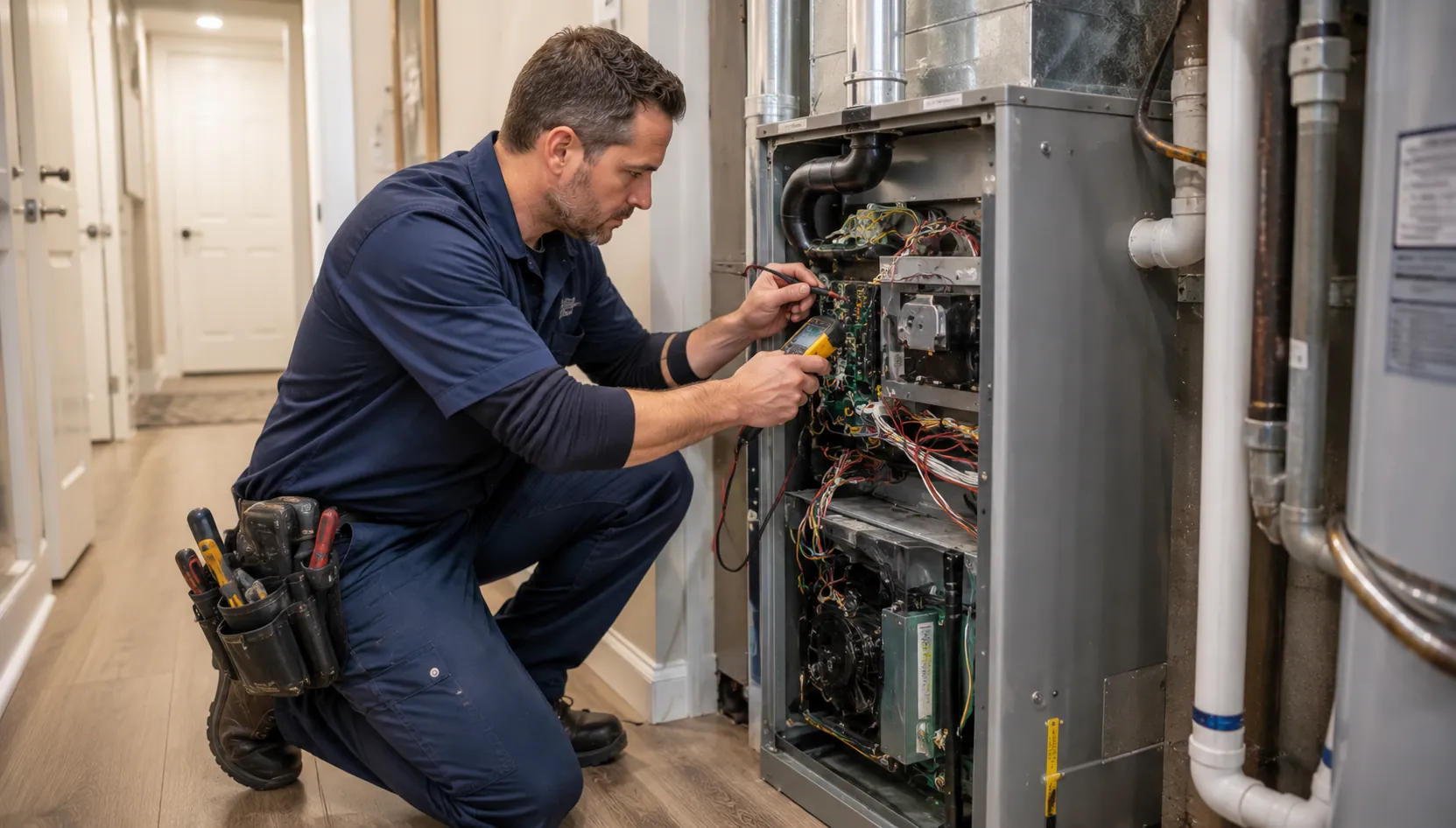 Technician inspecting a residential furnace for repair