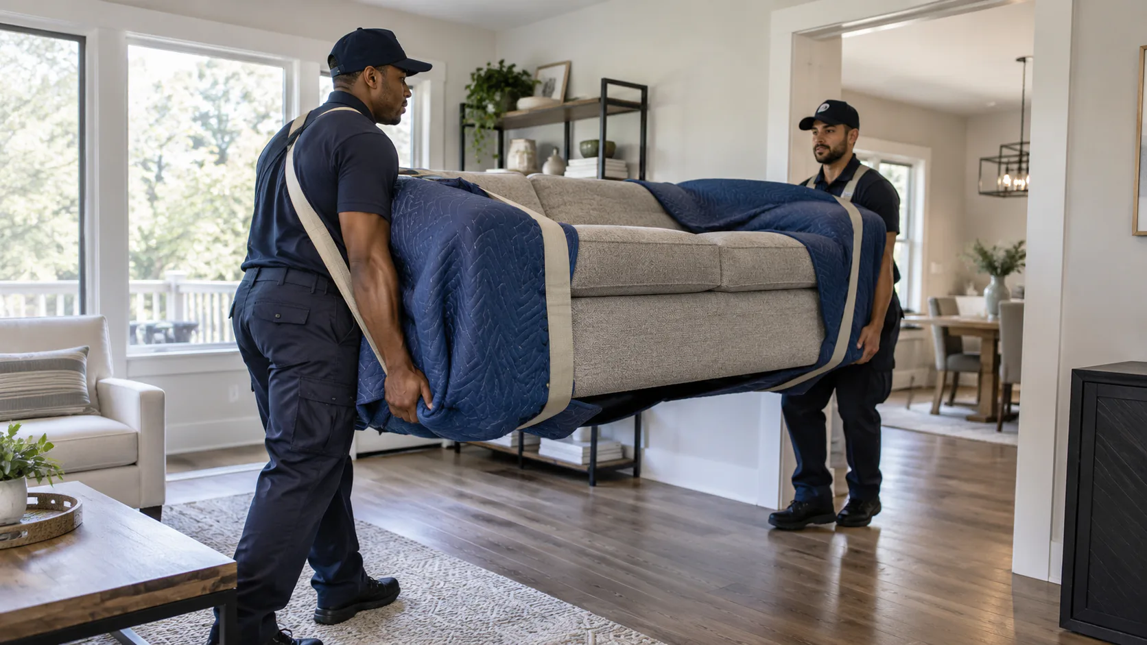 Movers carrying a sofa during a household move