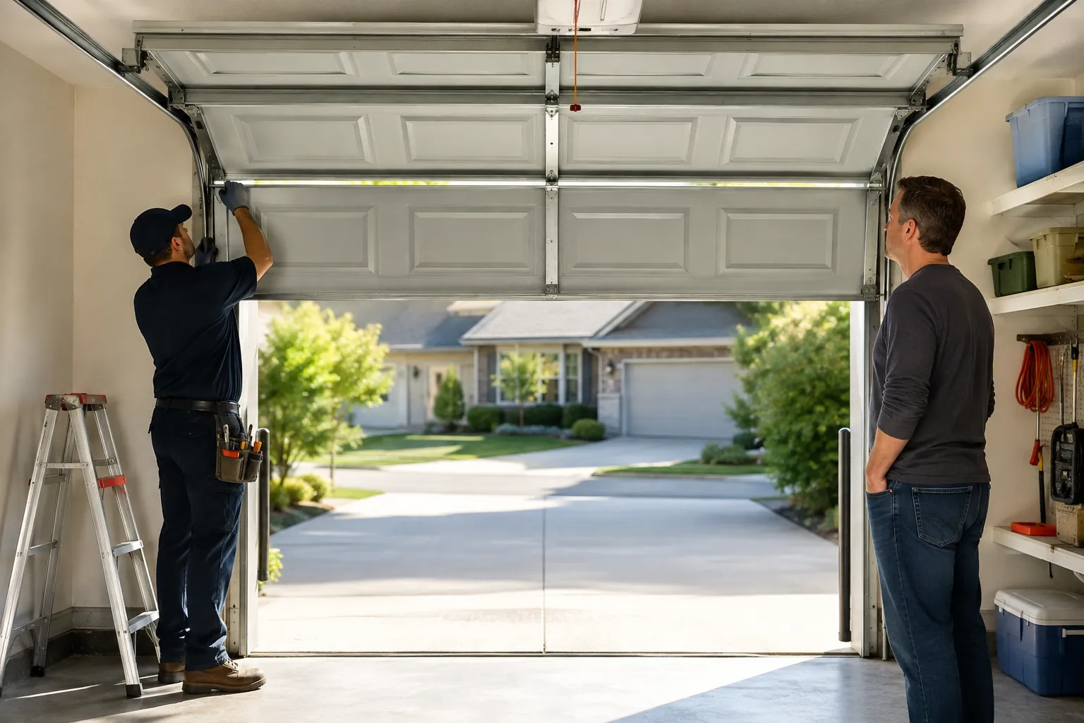 Technician checking the balance and alignment of a garage door