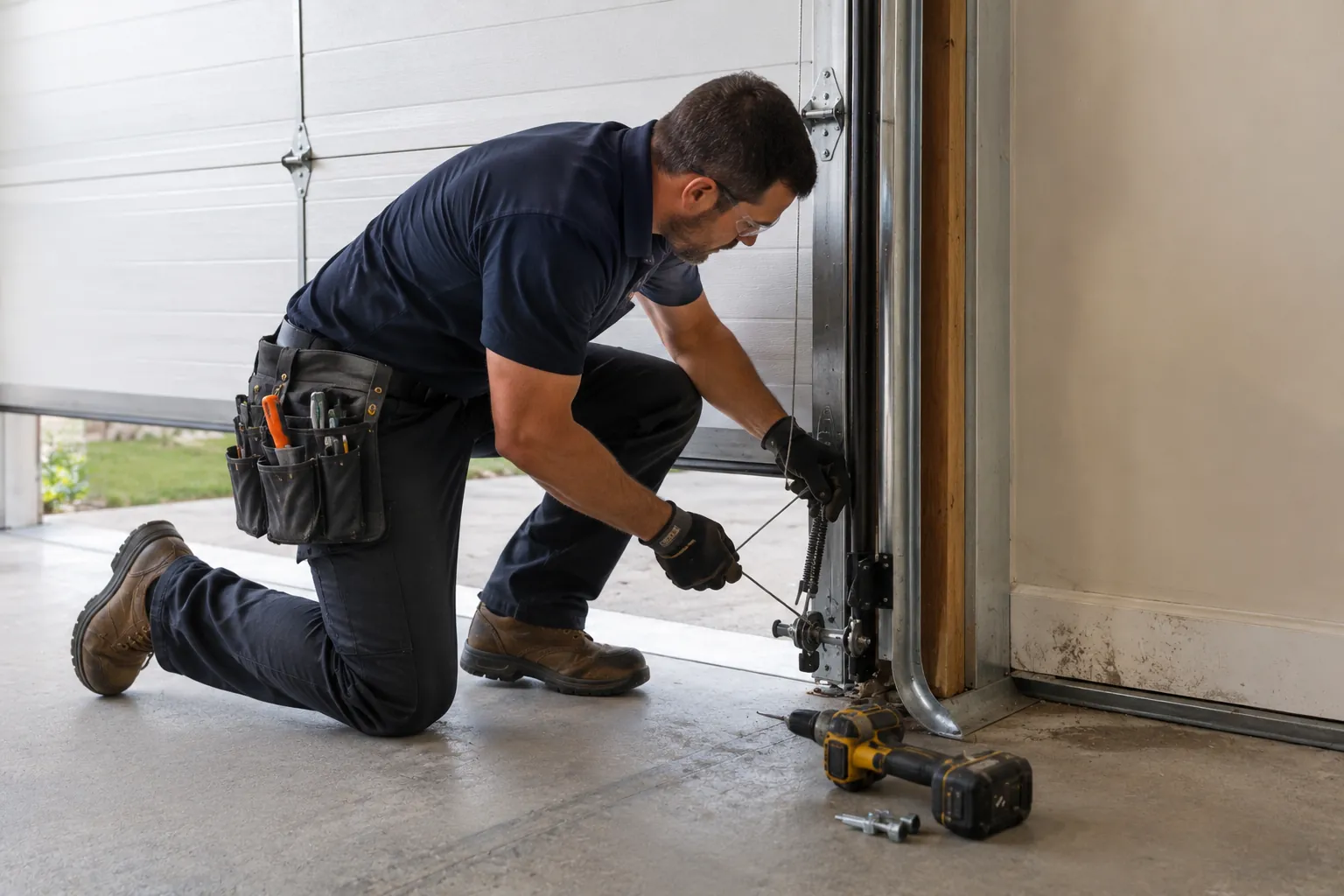 Technician repairing a garage door cable assembly