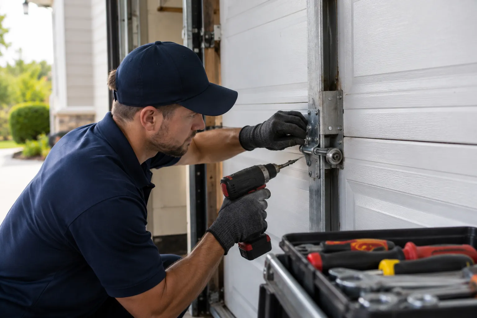 Technician replacing hinges on a sectional garage door