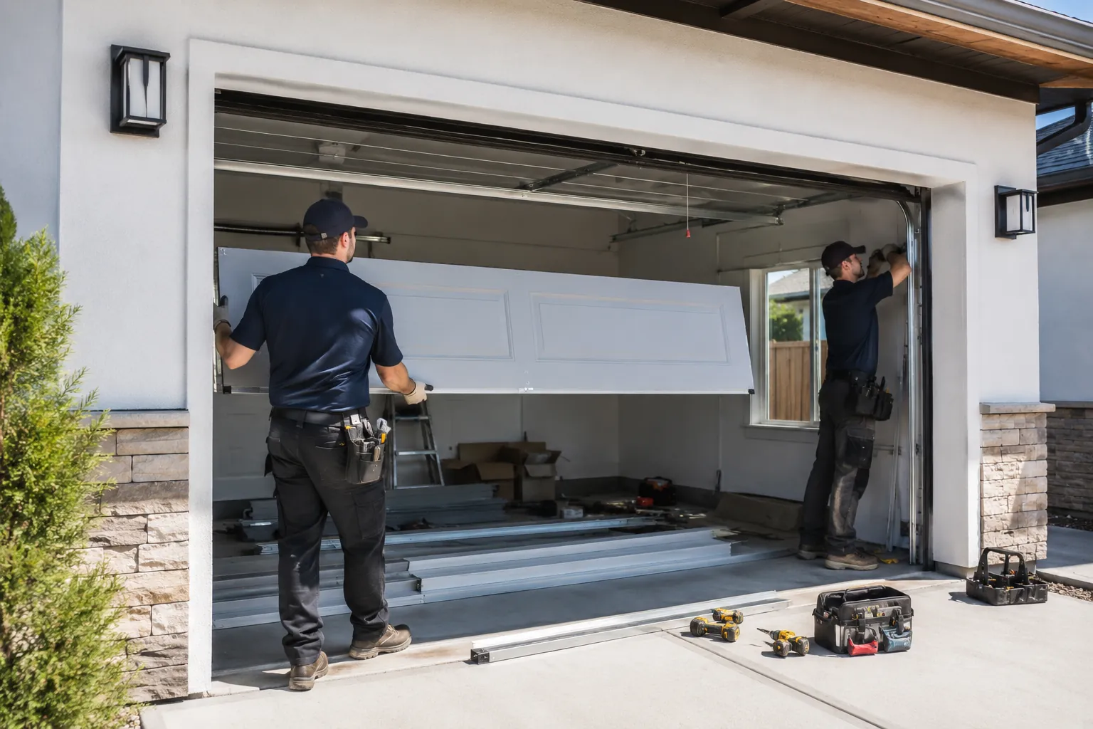 Technicians installing a replacement sectional garage door