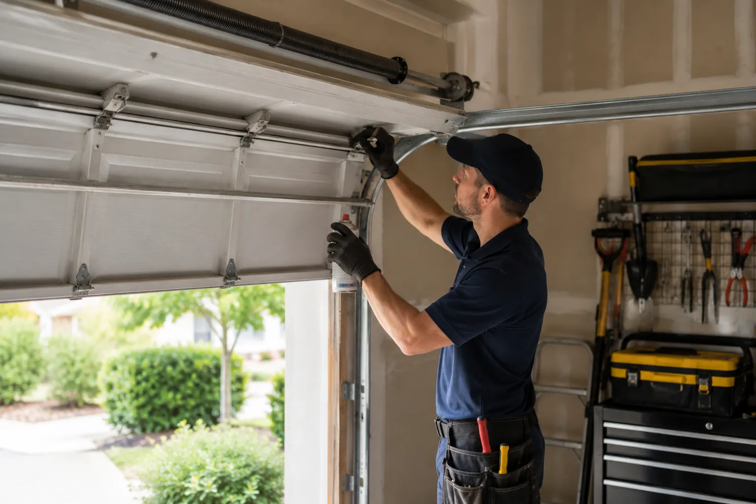 Technician performing maintenance on a residential garage door