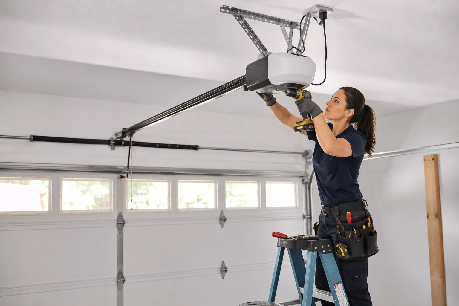 Technician installing a ceiling mounted garage door opener