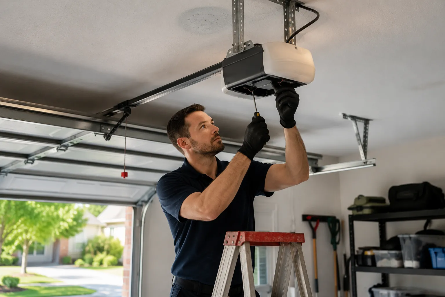 Technician repairing a ceiling mounted garage door opener
