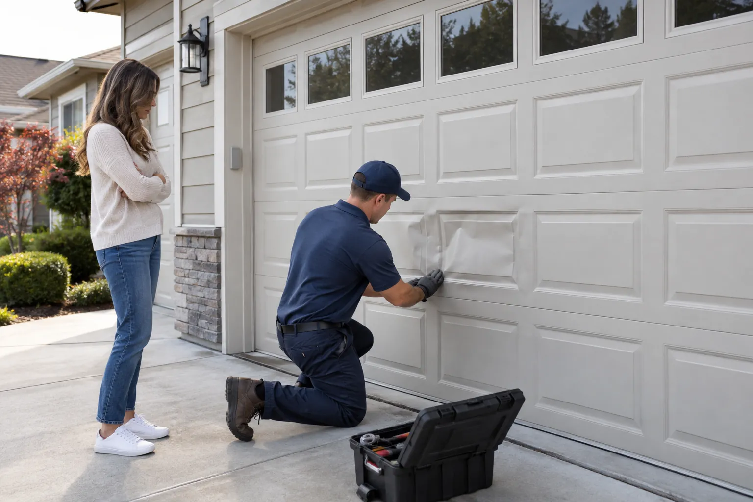 Technician working on a damaged garage door panel