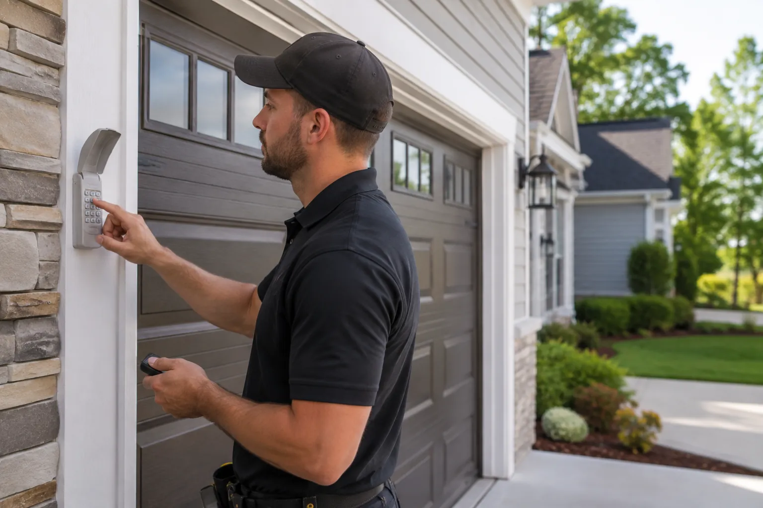 Technician programming a garage door keypad and remote control