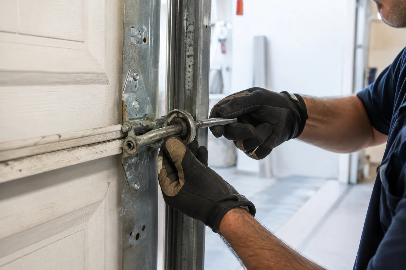 Technician replacing rollers on a sectional garage door