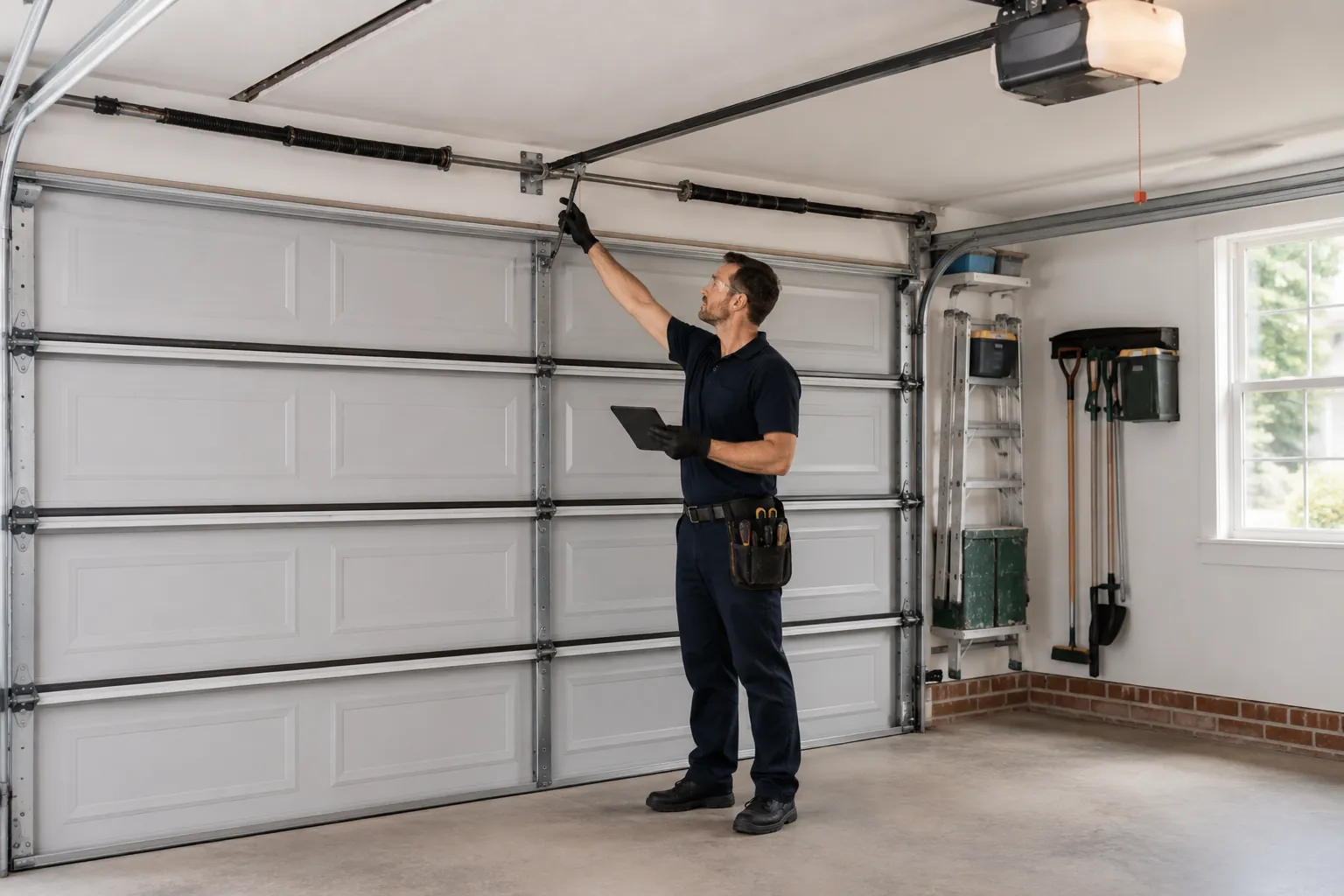 Technician inspecting garage door hardware for safe operation