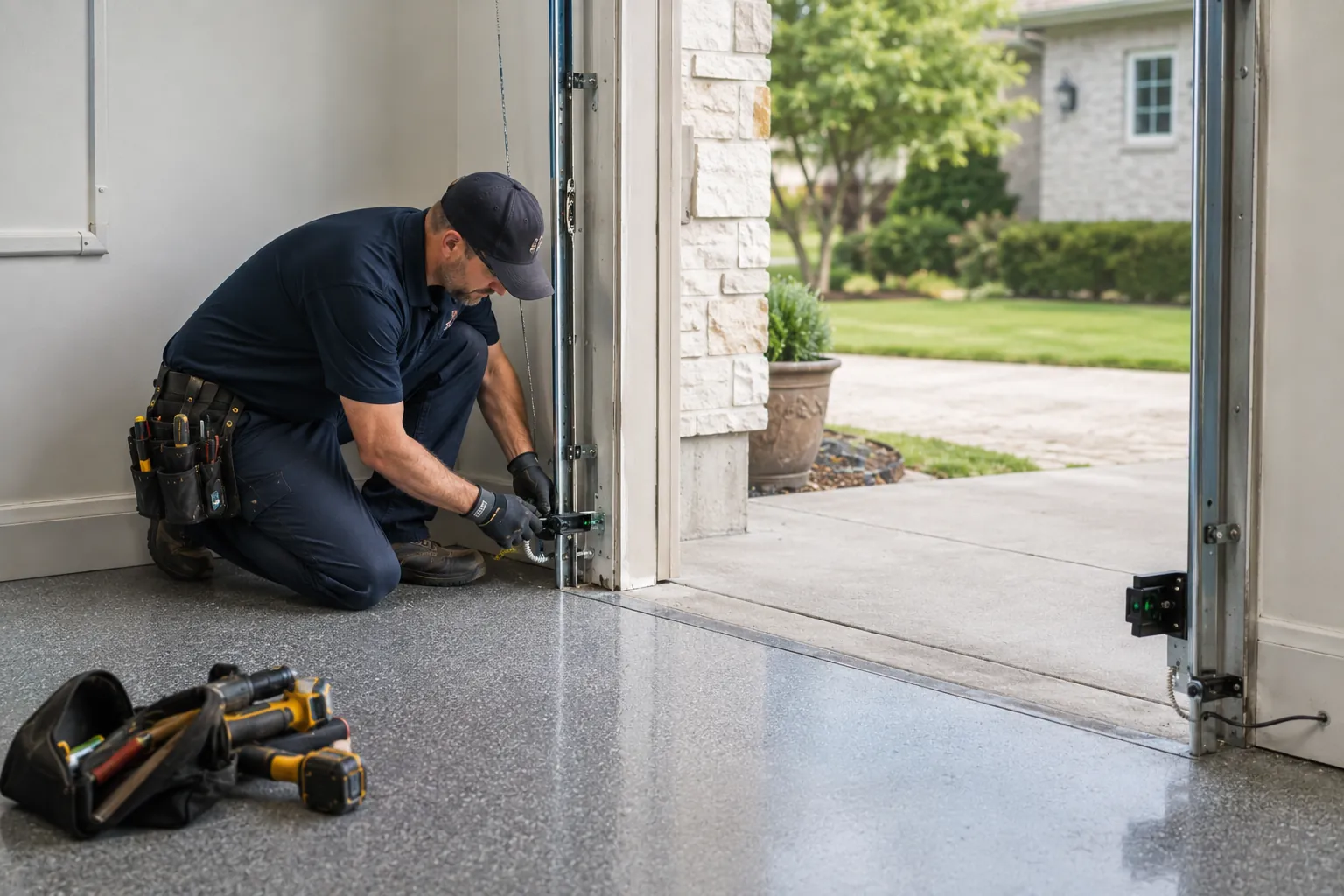 Technician inspecting garage door safety sensors near the floor