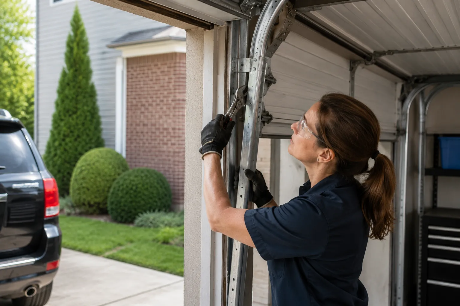 Technician adjusting a residential garage door track