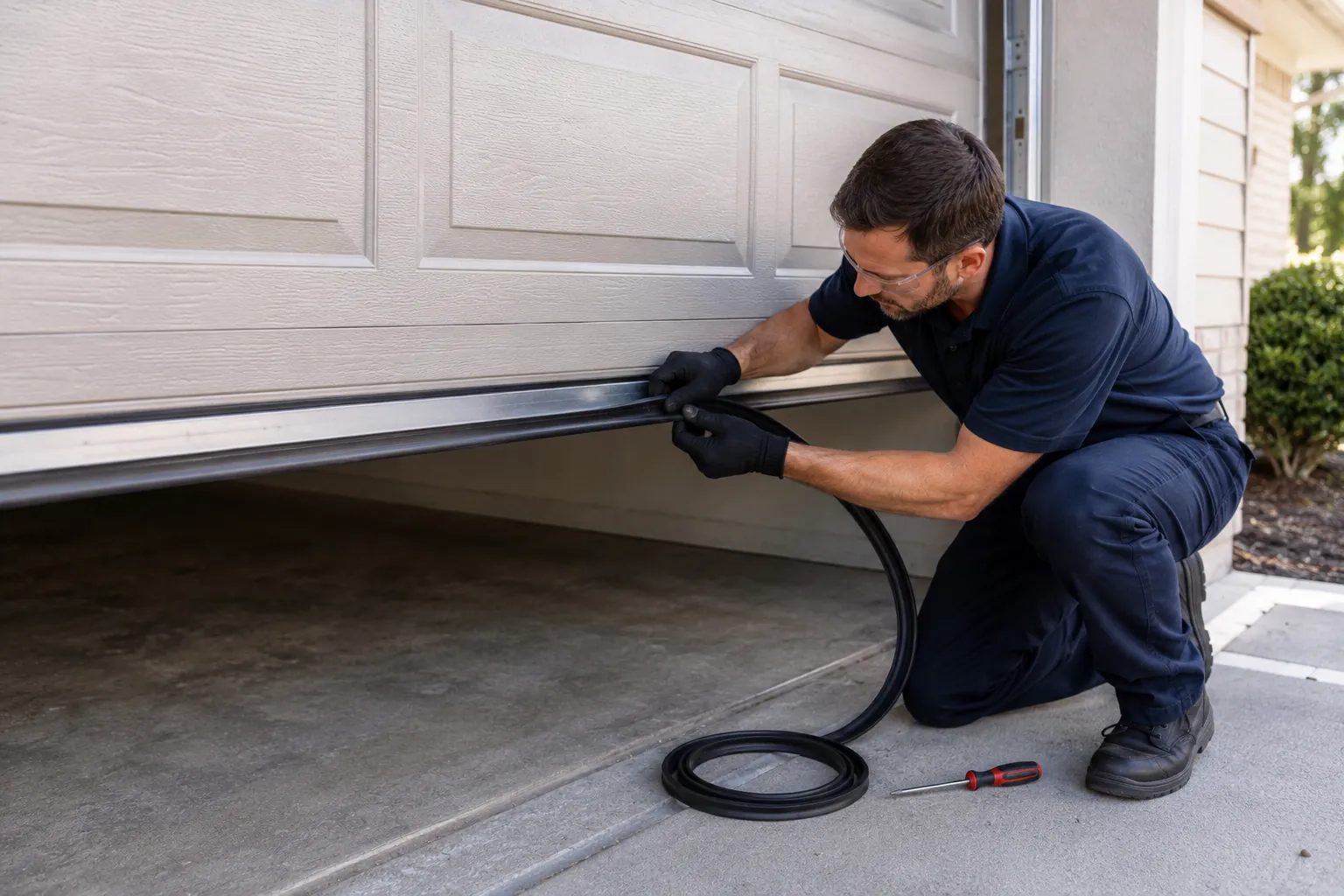 Technician replacing the bottom weather seal on a garage door
