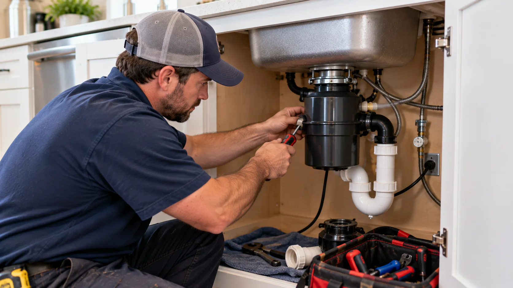 Plumber servicing a kitchen garbage disposal