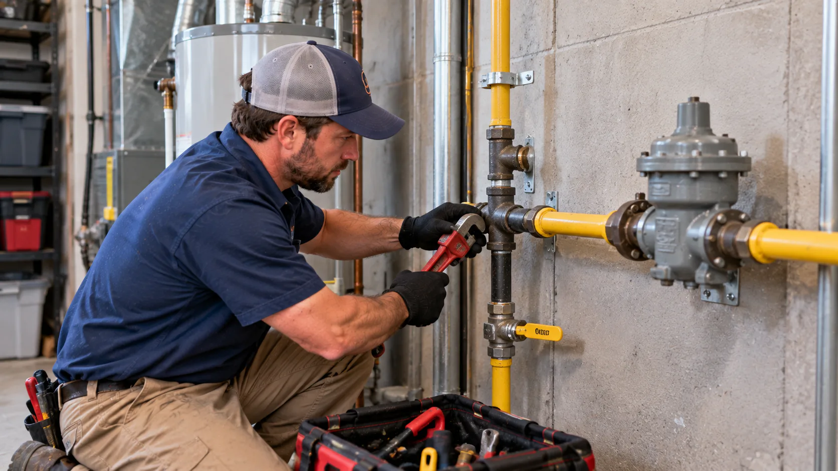 Qualified technician working on residential gas piping