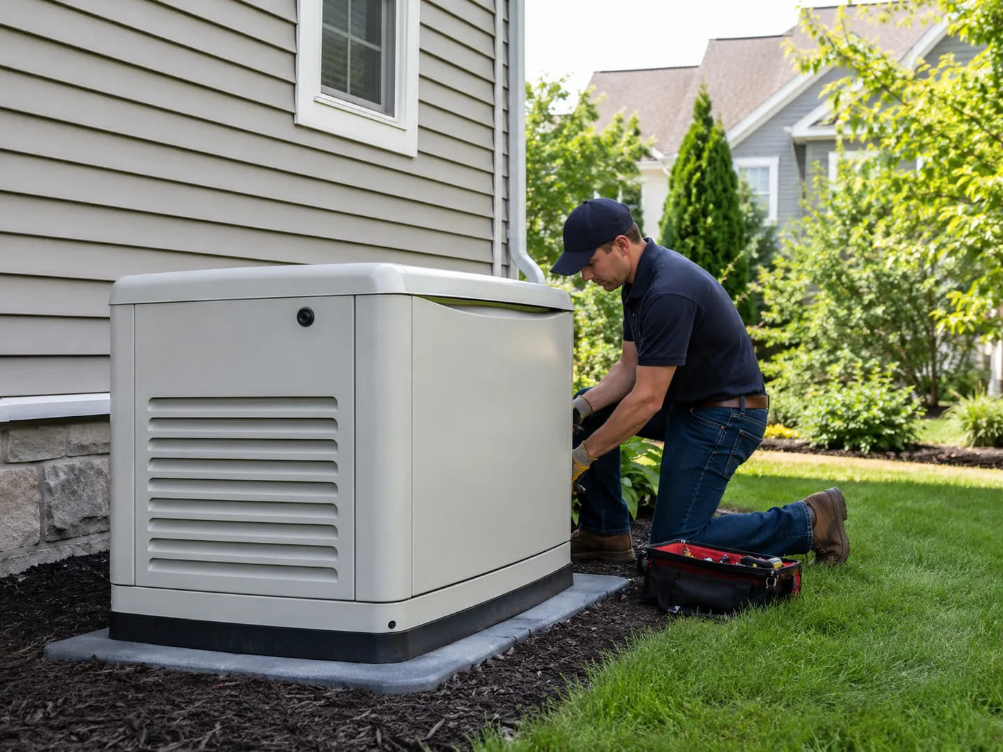Electrician working near a home standby generator