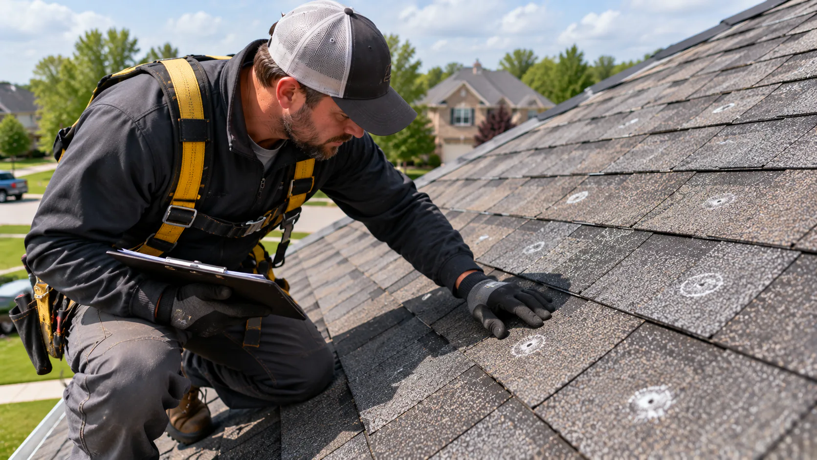 Roofer inspecting hail-damaged shingles