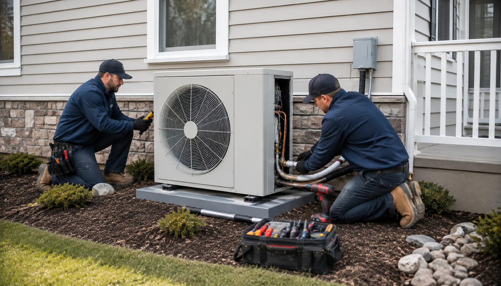 Technician installing a replacement heat pump system
