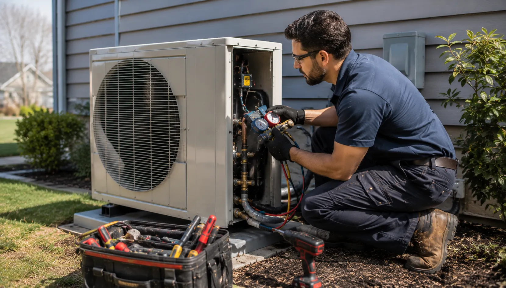 HVAC technician performing maintenance on a heat pump