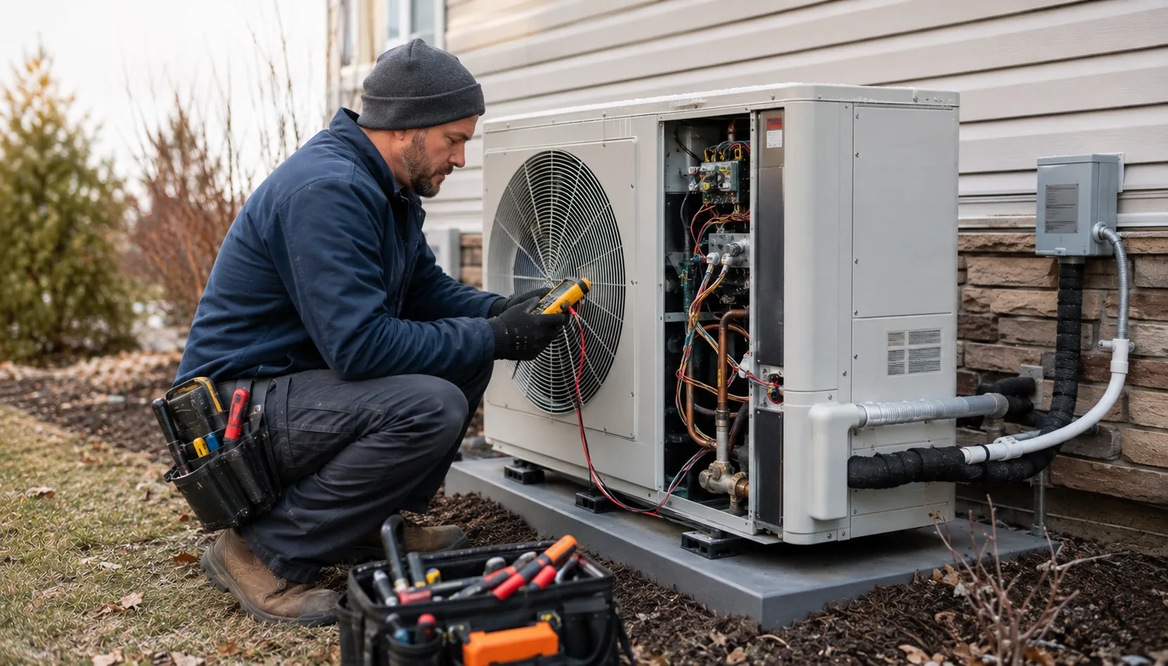 HVAC technician diagnosing an outdoor heat pump
