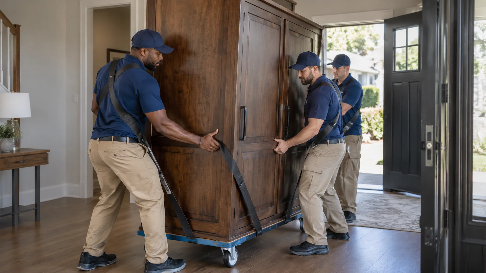 Moving crew carrying a heavy household item
