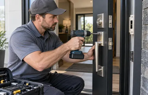 Technician installing a high security door lock