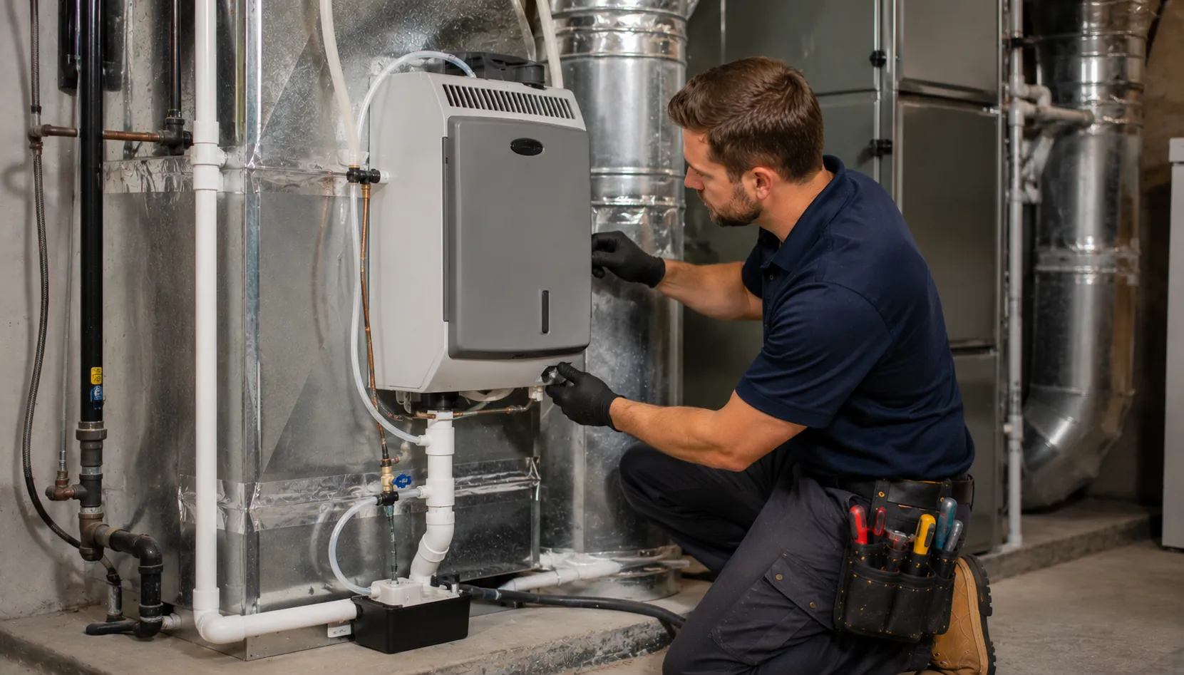 Technician inspecting home humidity control equipment