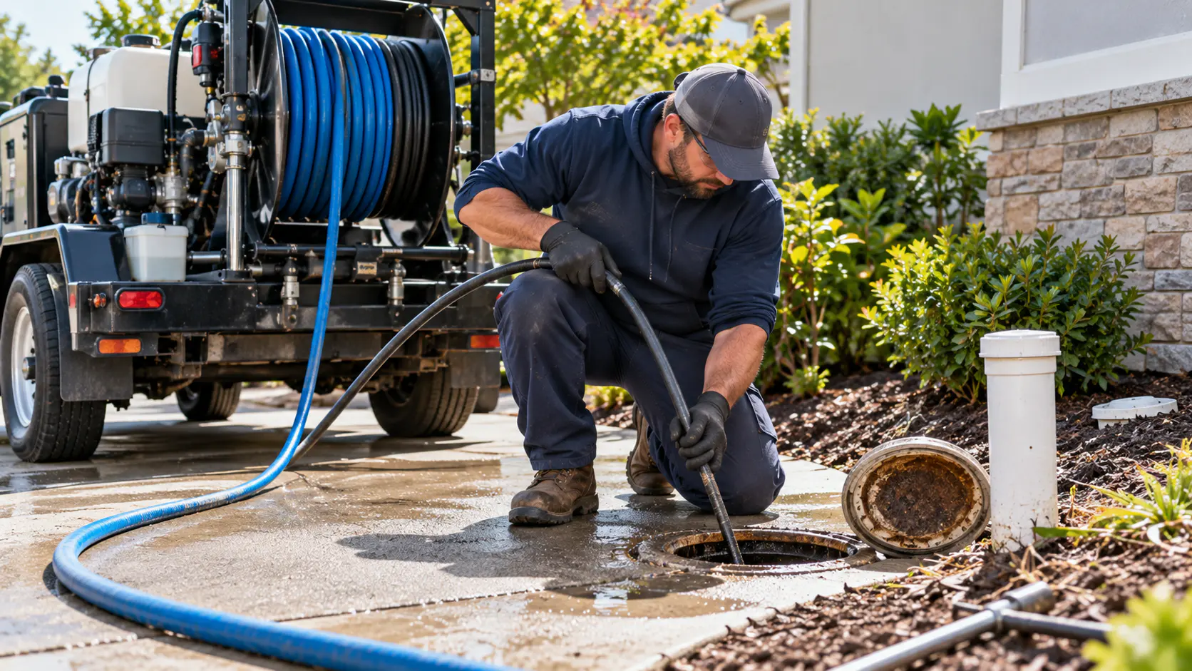Plumber using hydro jetting equipment on a drain line