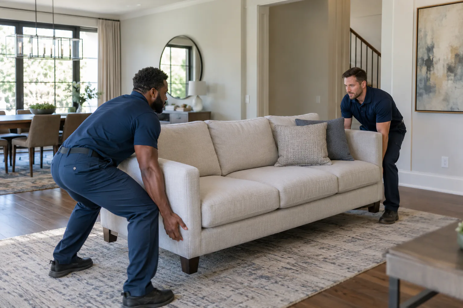 Movers rearranging furniture inside a home