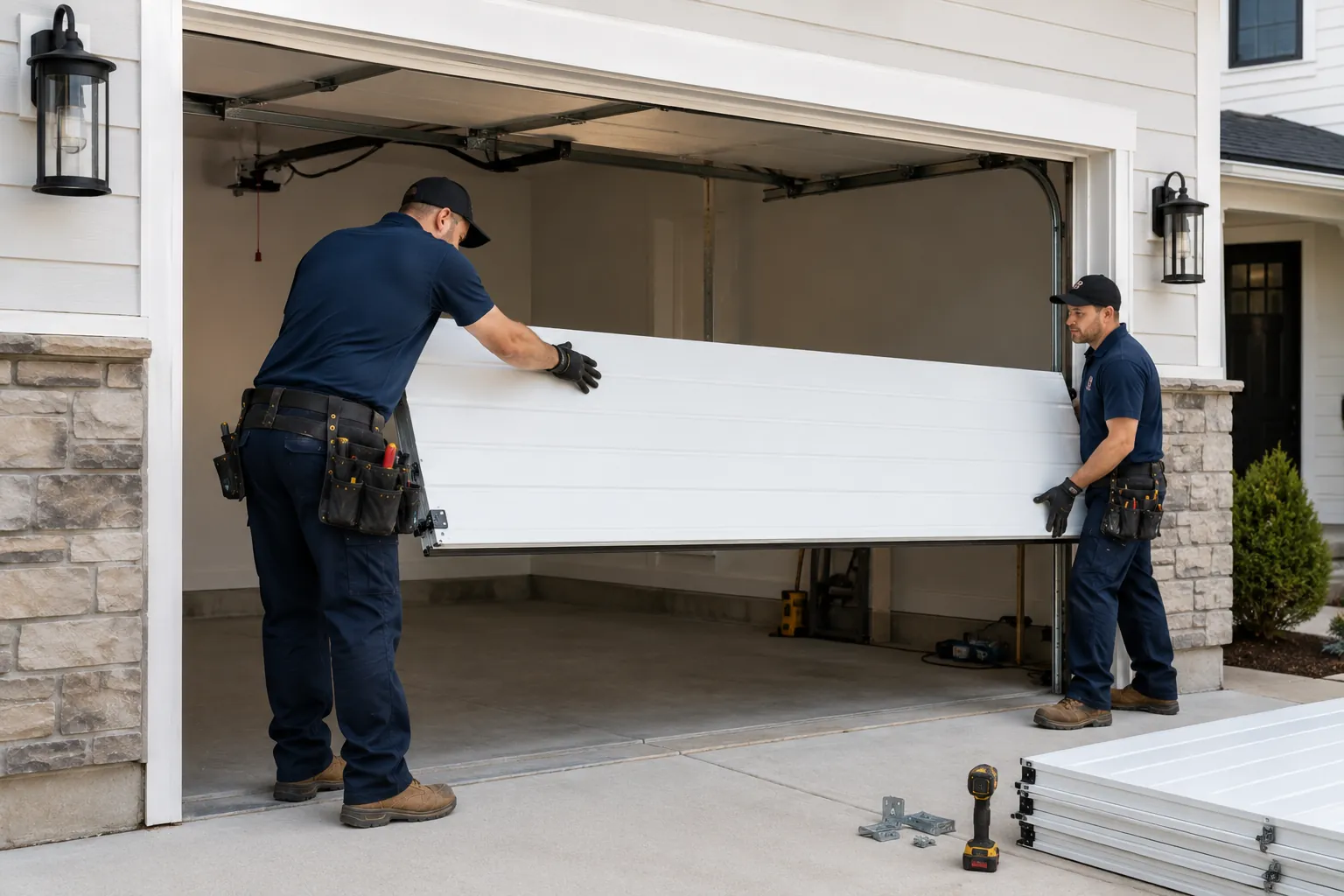 Technicians installing an insulated sectional garage door