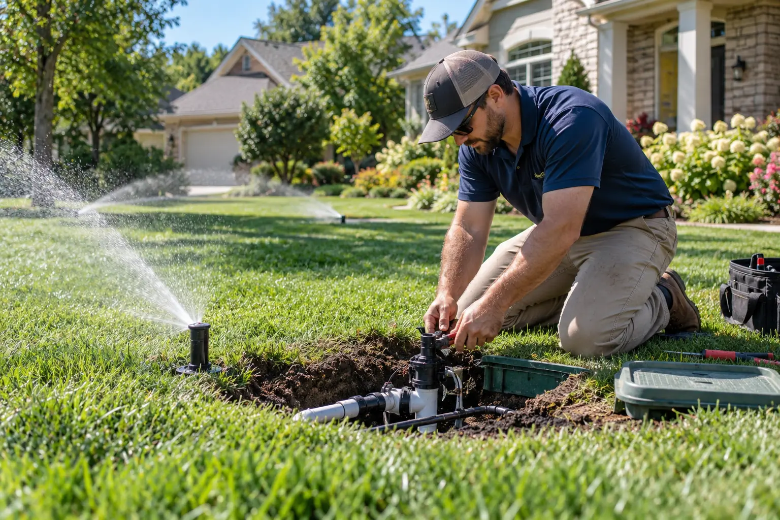 Technician repairing a residential sprinkler system