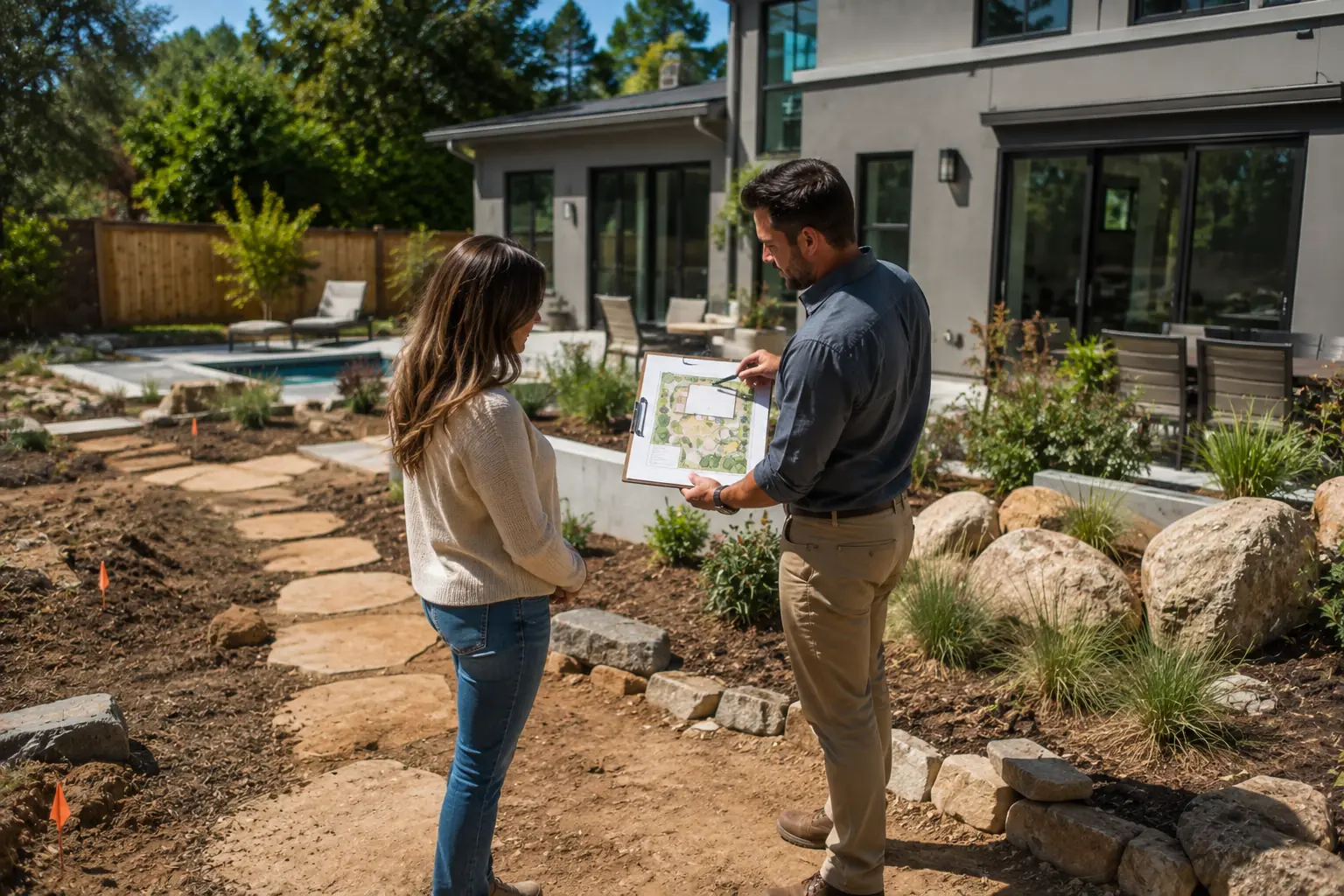 Landscape designer discussing an outdoor design plan