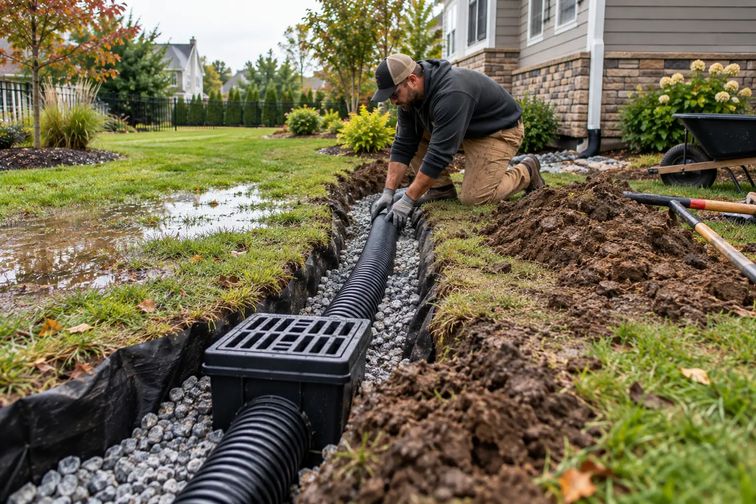 Landscaper working on outdoor drainage near a yard