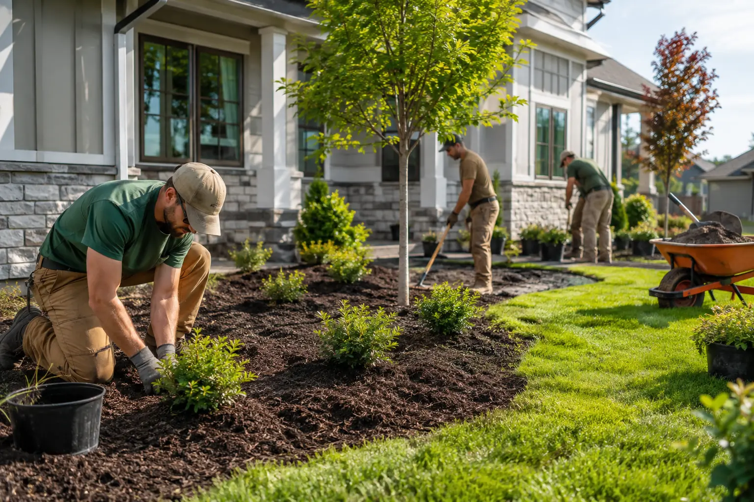 Landscaping crew installing new plants and outdoor features