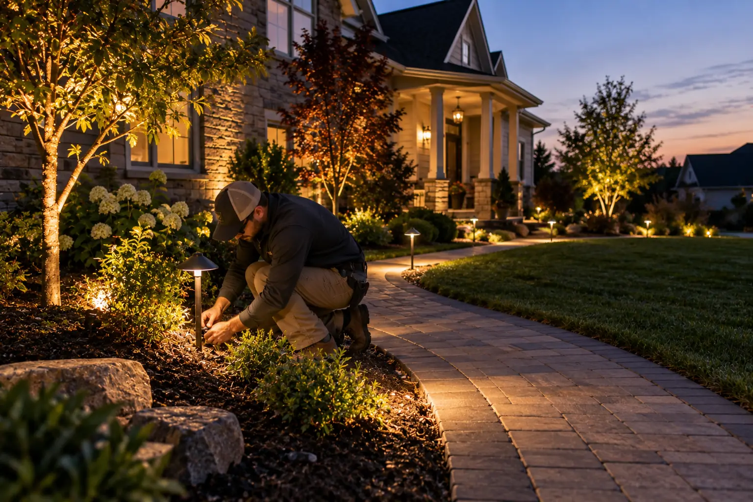 Technician adjusting outdoor landscape lighting