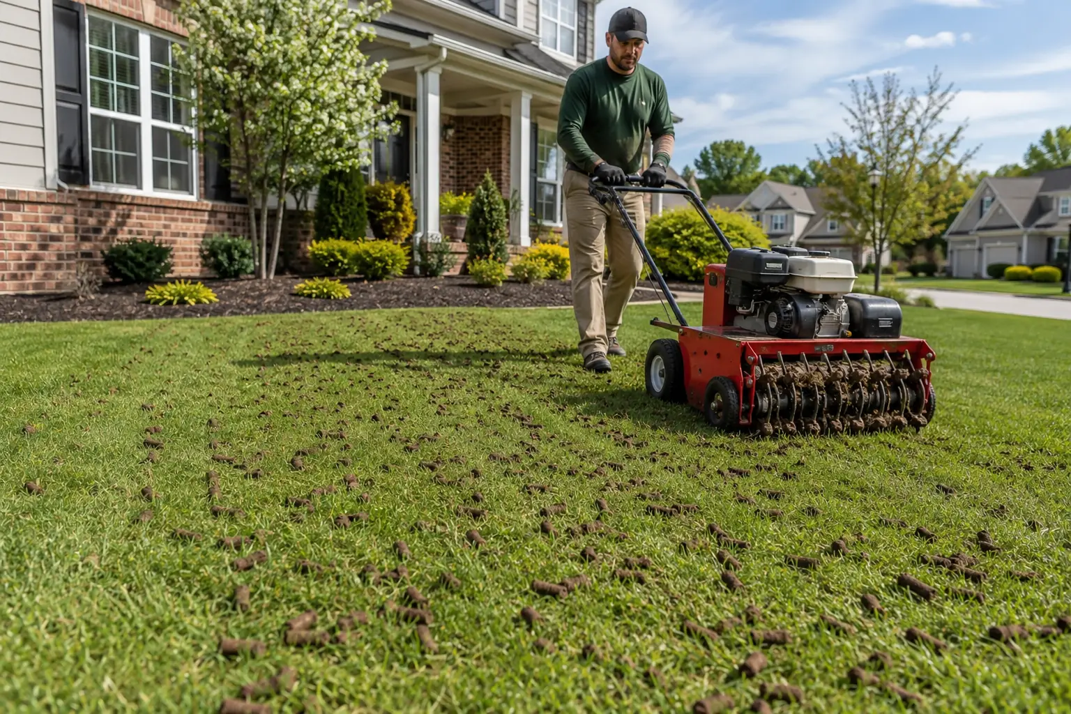 Landscaper operating a core aerator on a lawn