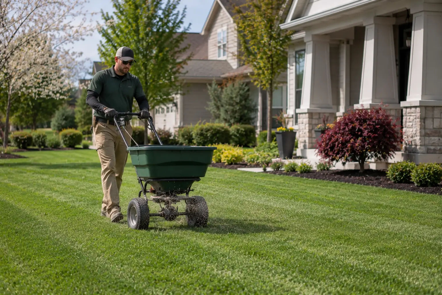 Landscaper applying treatment to a residential lawn
