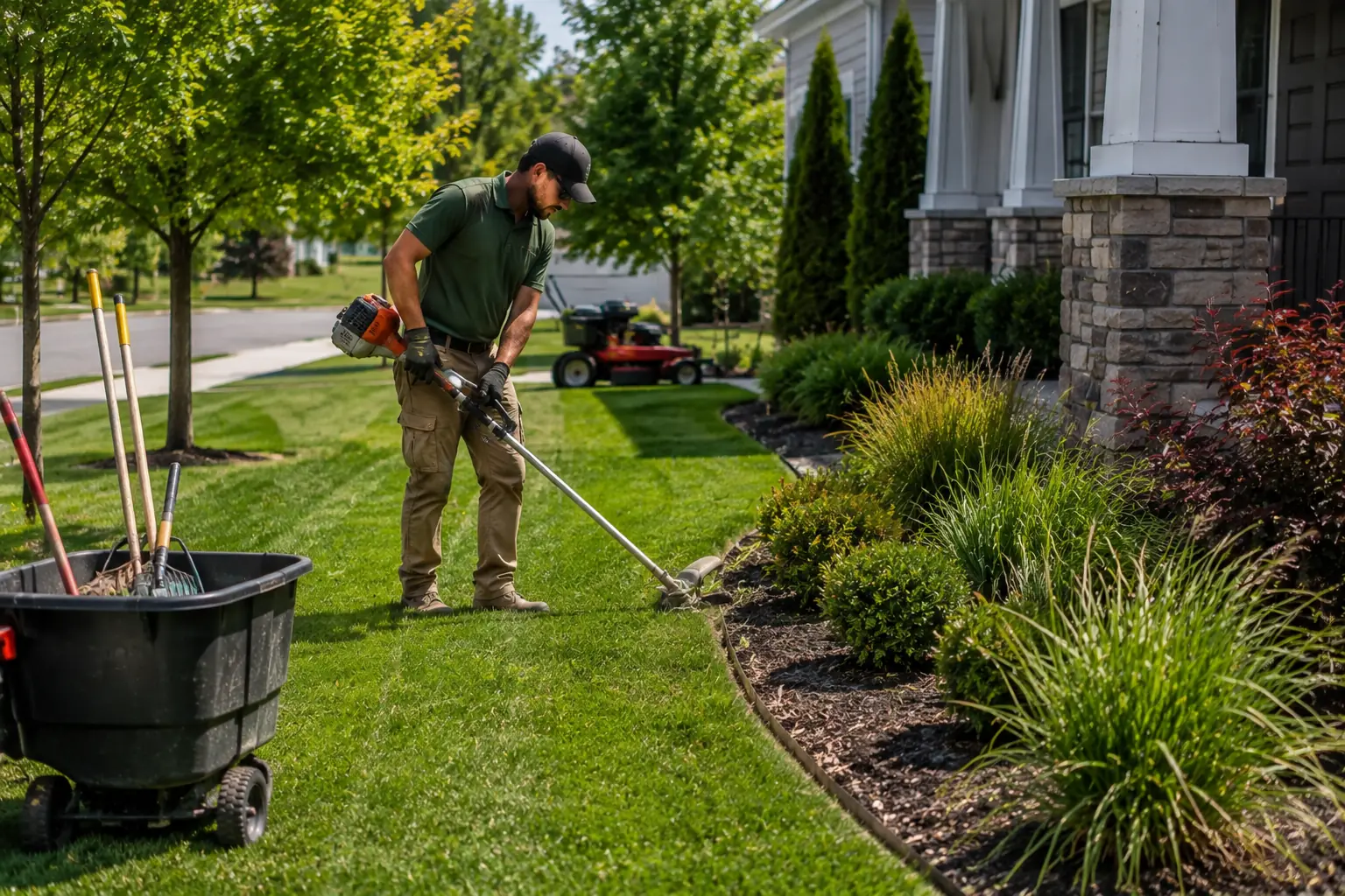 Landscaper maintaining a healthy residential lawn