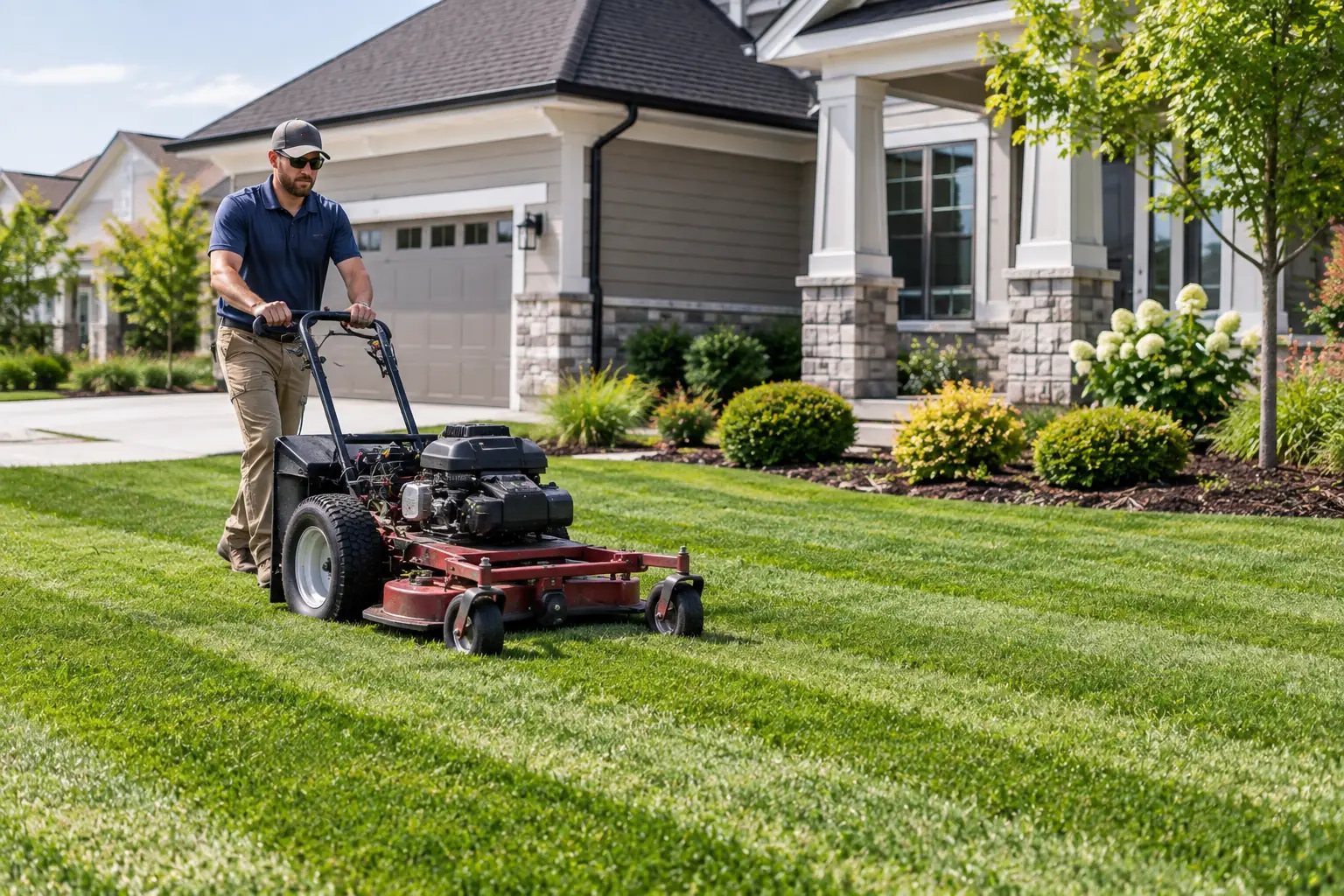 Landscaper mowing a residential lawn