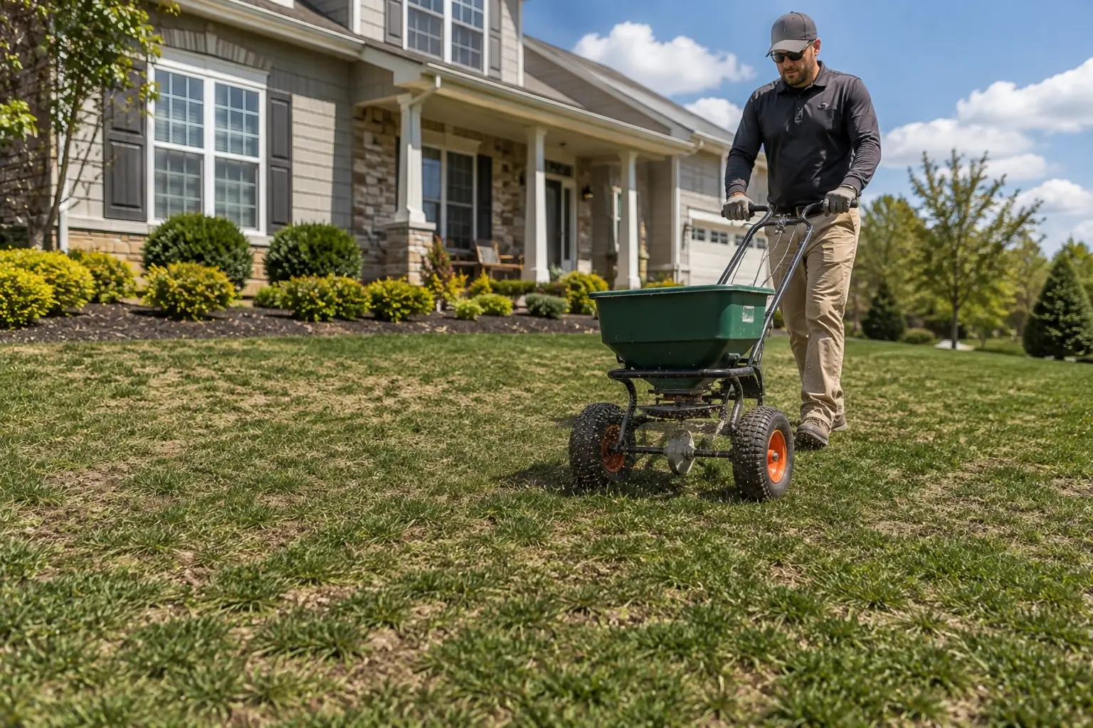 Landscaper overseeding a residential lawn