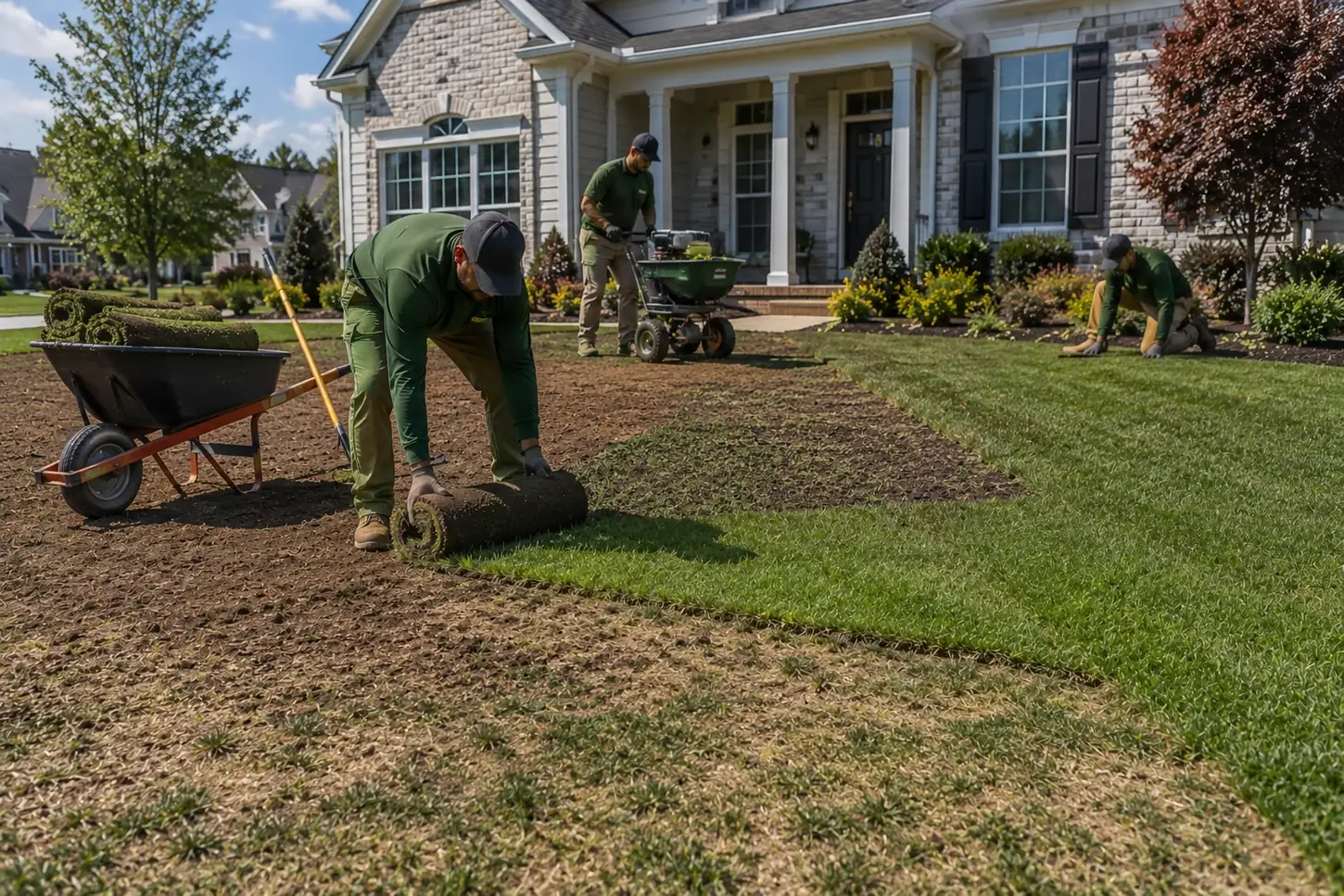Landscaper restoring a worn residential lawn