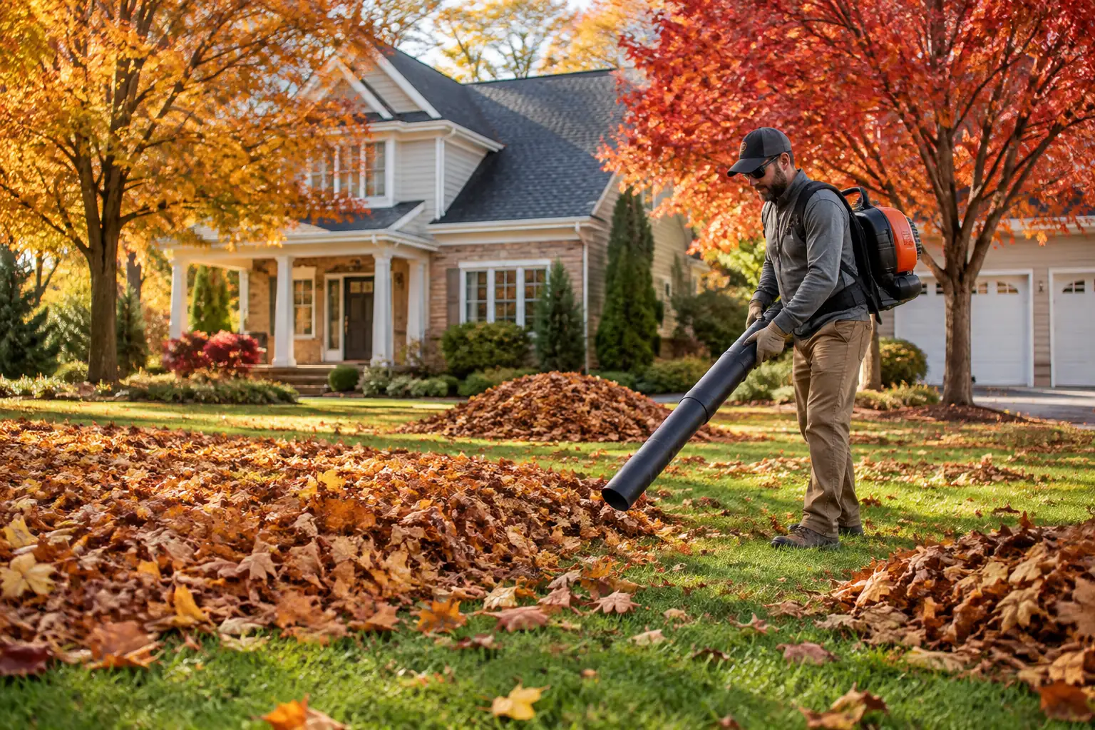 Landscaper removing fallen leaves from a lawn