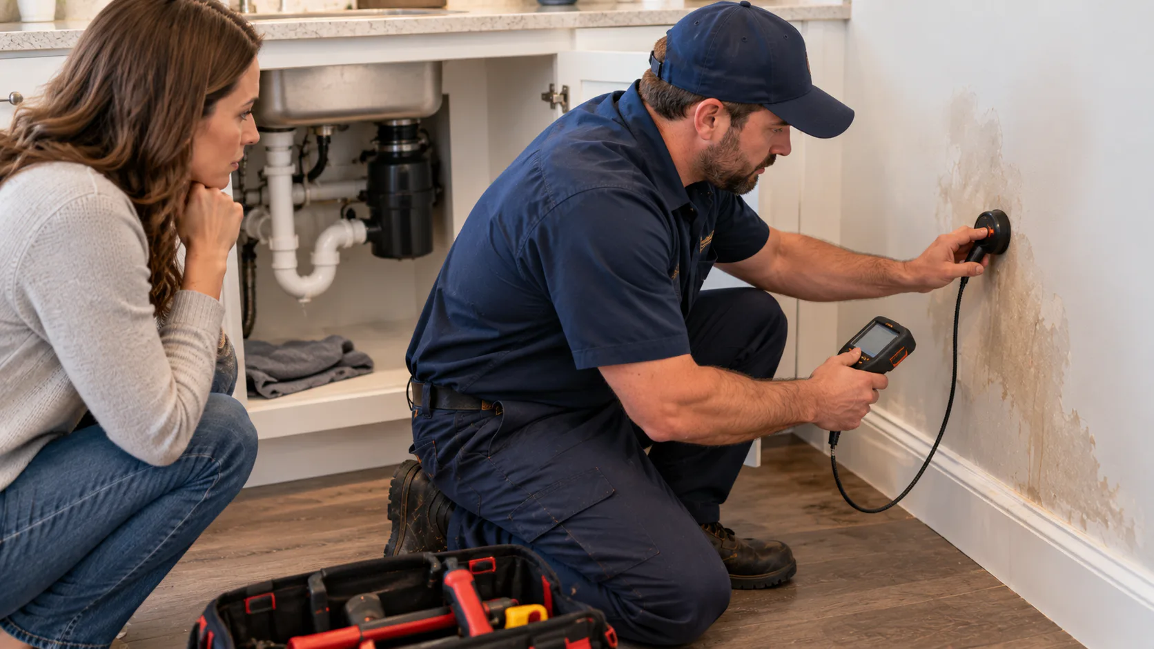 Plumber using diagnostic equipment to locate a water leak