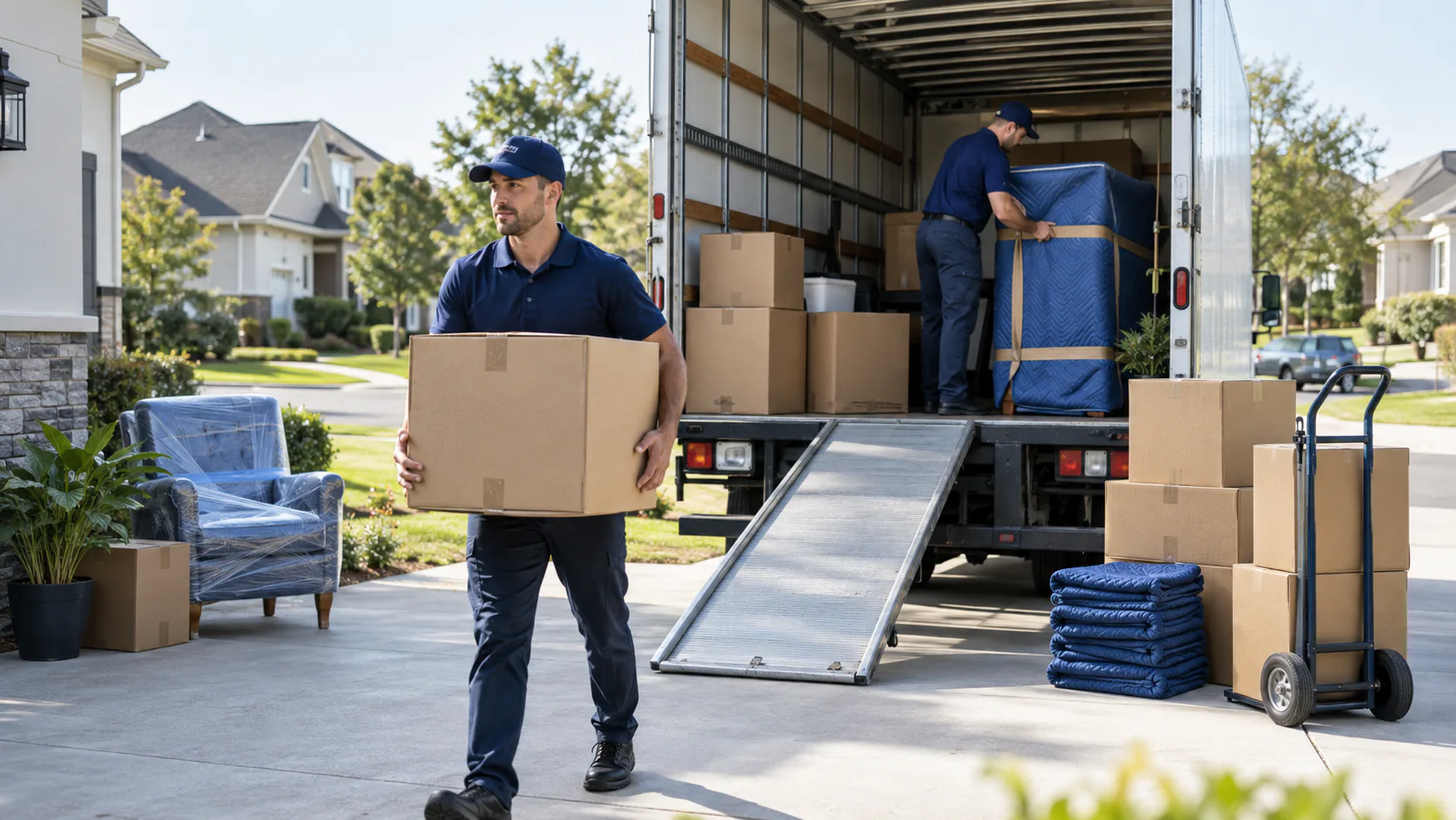 Moving team loading boxes into a truck