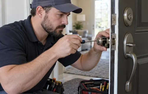 Locksmith repairing a door lock mechanism