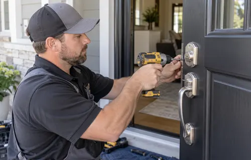 Technician installing a replacement door lock