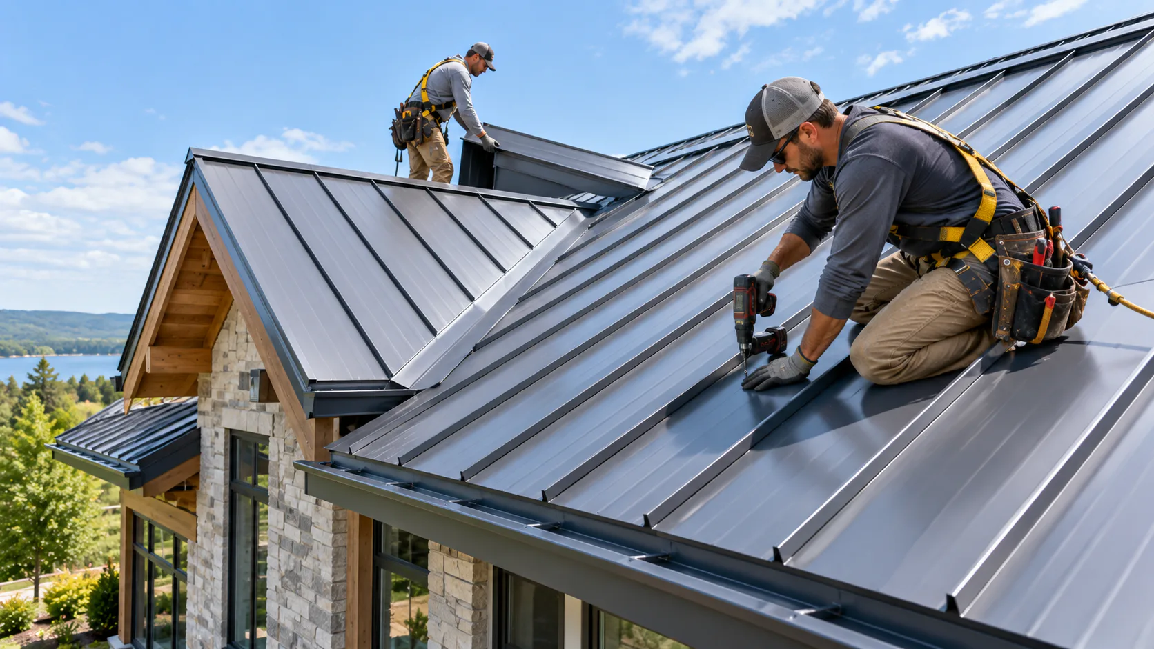 Roofers installing standing seam metal roofing
