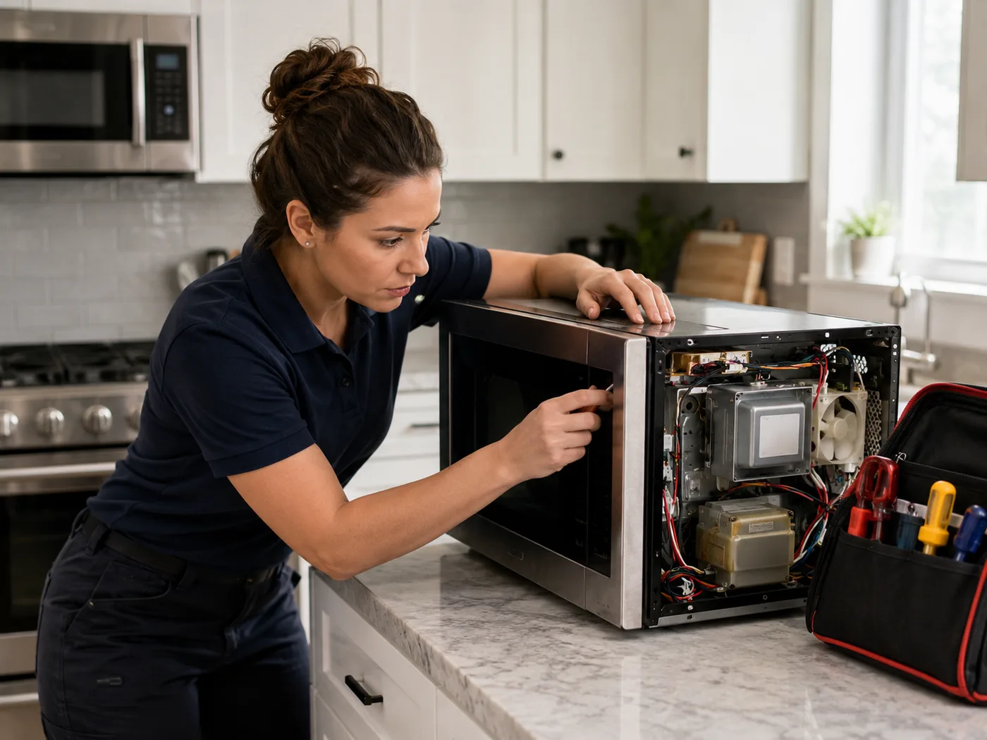 Technician servicing a built-in microwave