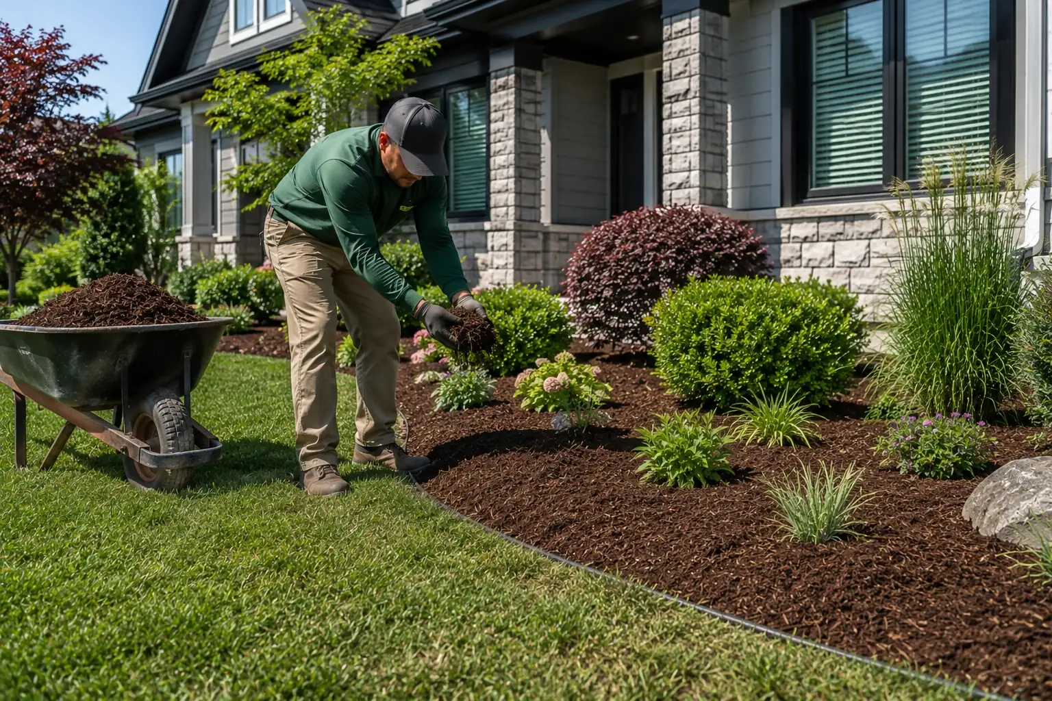 Landscaper spreading mulch around a garden bed
