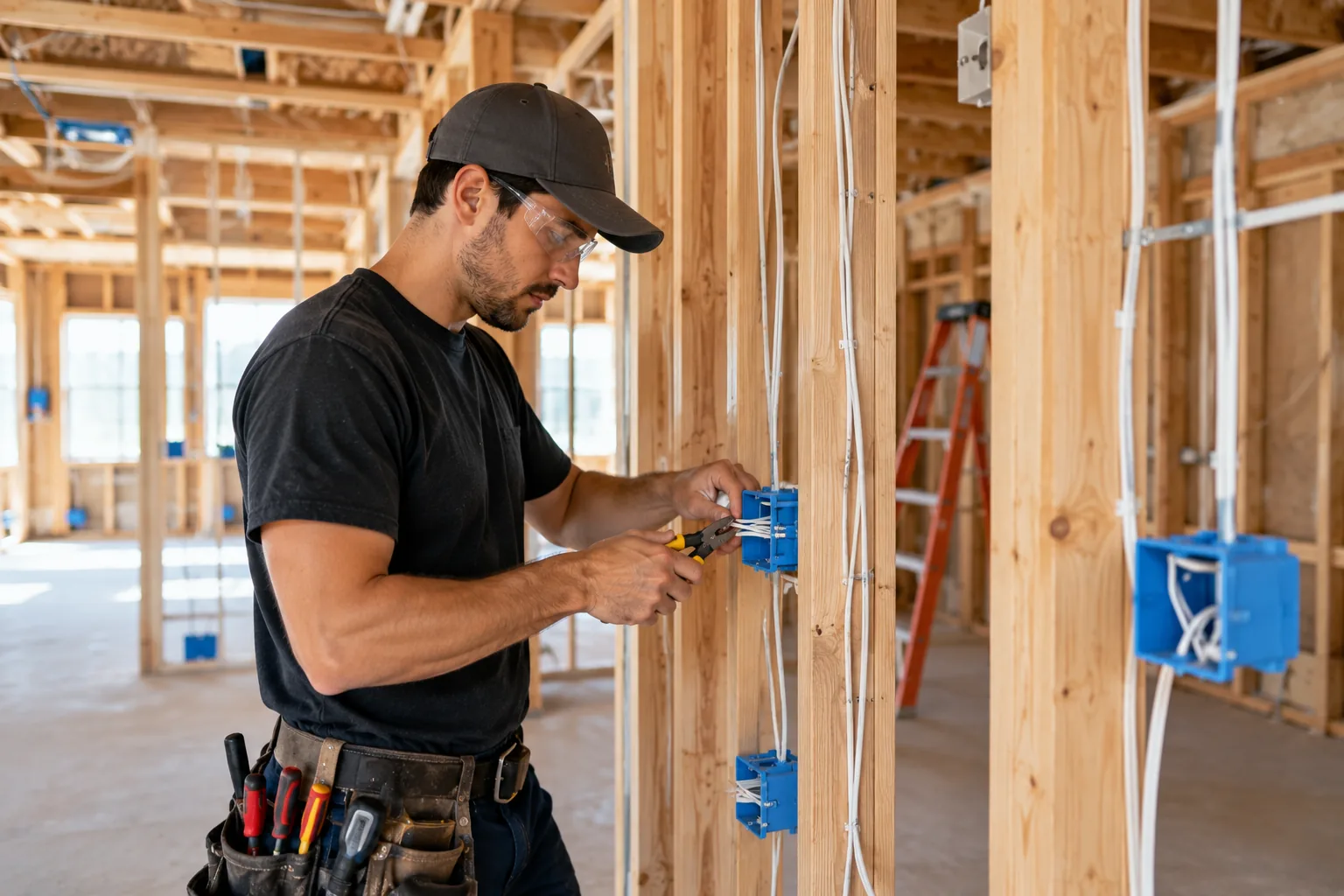 Electrician installing wiring during a remodel