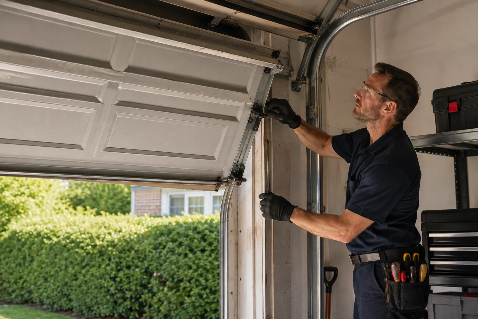 Technician repairing a garage door that has come off its track